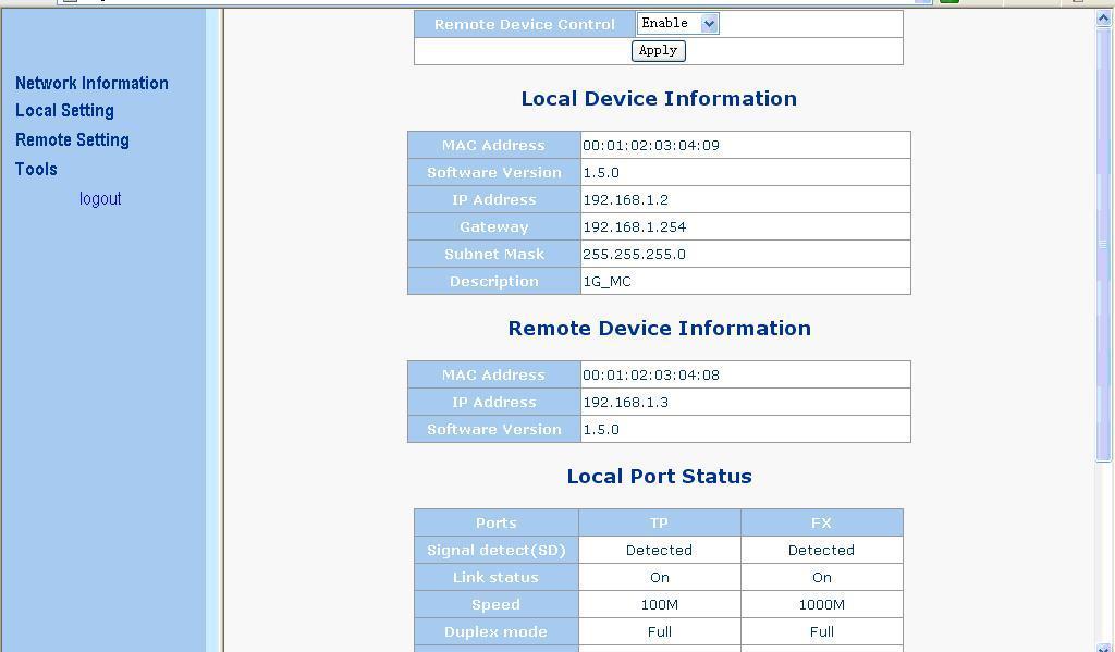 5.2 Network Information This menu is mainly for network interface and port status.