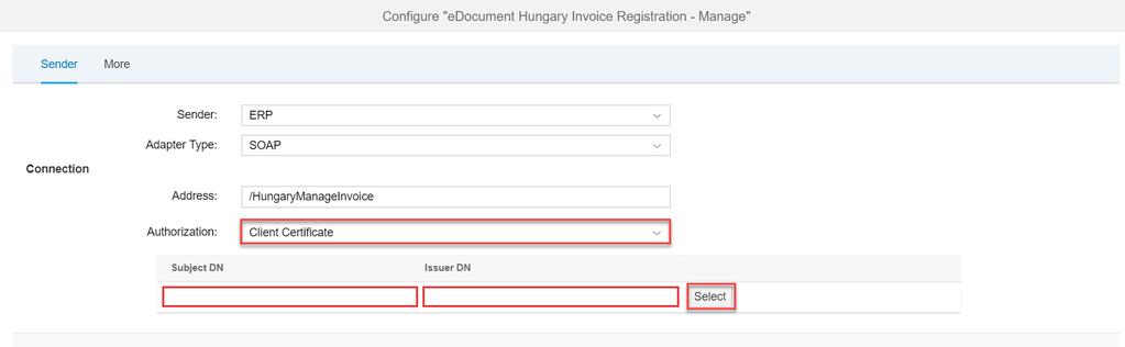 Select the required authorization (User Role or Client Certificate) that has been configured for the connection between your ERP system and