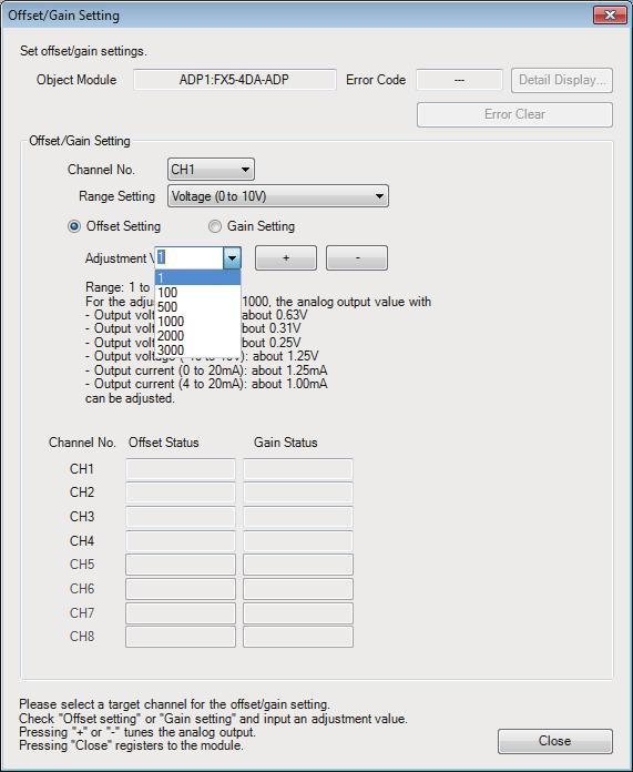 5. Use the radio button to specify whether to perform the offset setting or gain setting. (Step 6 and later describe the case when the offset setting is specified.) 6.