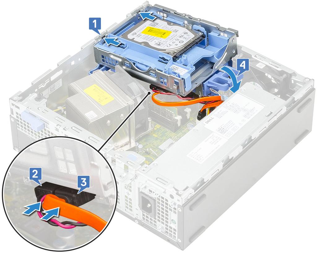 d Route the optical drive data cable and power cable through the retention clips [1].