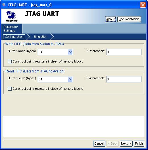 Add a JTAG UART In order to communicate to the Nios II processor through the USB-Blaster, add the JTAG UART to the system.