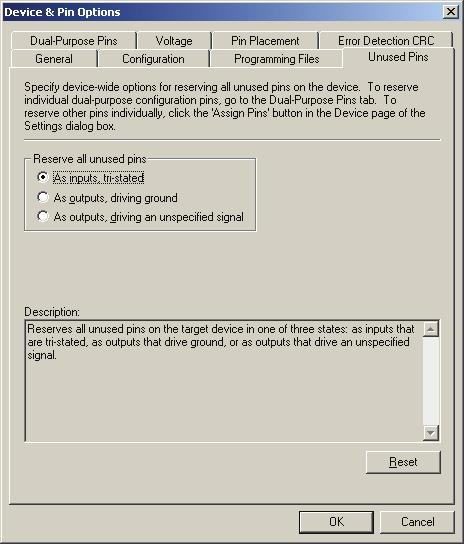 Getting Started Figure 2 5. Device & Pin Options Dialog Box 5. Click OK twice. w The Quartus II software default settings configure unused pins as outputs driving ground.