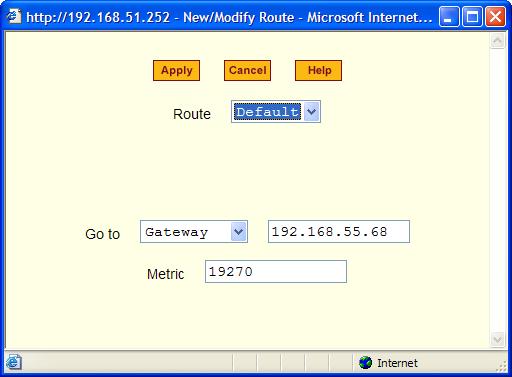 To add a static route, select the Add button from the form. The New/Modify Route dialog box appears. Configuration 3.