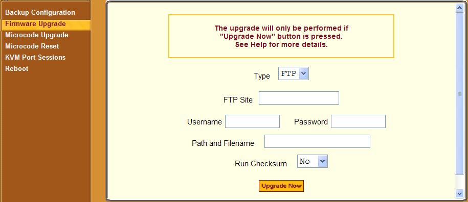 Web Manager for KVM/net Plus Administrators Firmware Upgrade Selecting Management>Firmware Upgrade in Expert mode brings up the form shown in the following figure.