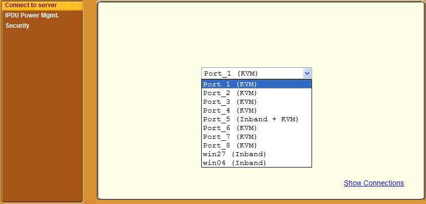 Connecting to Servers Remotely Through the Web Manager 3. From the drop-down menu, select the server or port to which you want to connect. A list similar to the list in the following graphic appears.