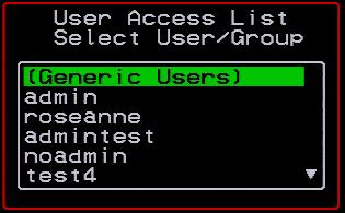 You can use the User Access Lists menu to view and change KVM port access permissions for the Default User and all administratively configured users and groups.