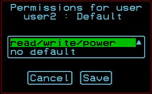 The Default option defines access permissions for all KVM ports, which apply unless the user has specific access permissions for any KVM ports.