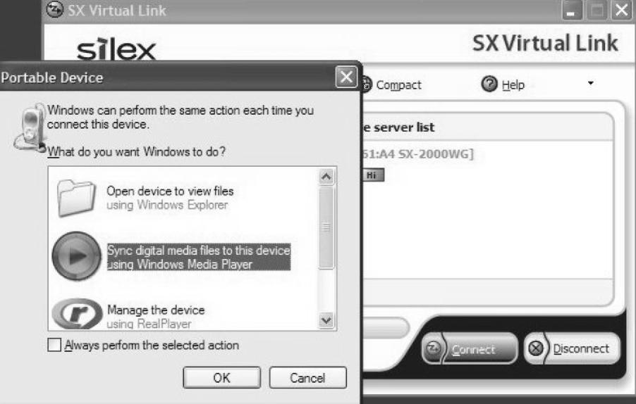 (5) A Portable Device decision window as shown in Figure 24 should pop up if you do not have Windows Media Player open already. Select the Sync icon as shown in the Figure, and leftclick OK.