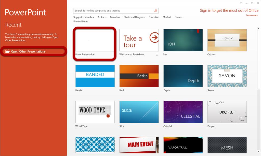 Create a new, or open an existing, PowerPoint presentation Click Open Other Presentations to browse to and open an existing PowerPoint presentation or click on one of the rectangular templates to