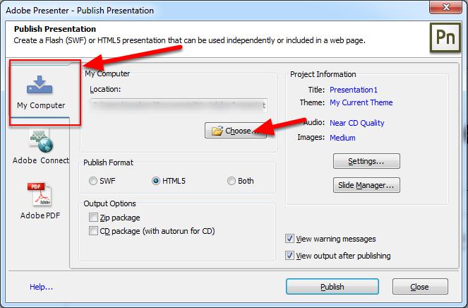 Once your presentation has been created and saved, Click on Publish on the Adobe Presenter ribbon.