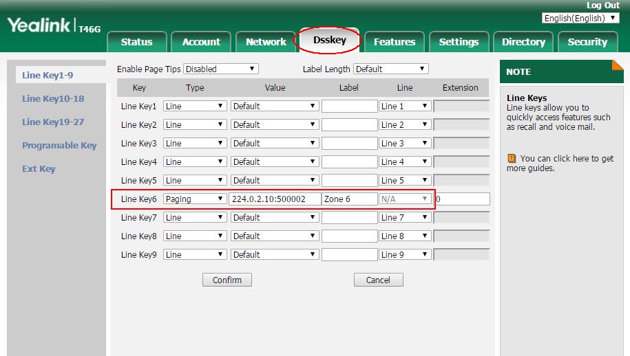 Under Dsskey table, select one Line Key, choose type as Paging, and fill IP address, port