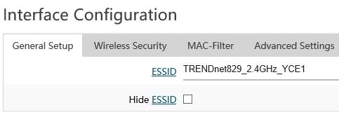 15. To change the wireless network name/ssid for the selected wireless band, under Interface Configuration and General Setup, enter the new name in the ESSID field and click Apply to save