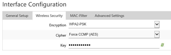 To change the wireless encryption key for the selected wireless band, under Interface Configuration Wireless Security, enter the new encryption in the Key field and click Apply to save and
