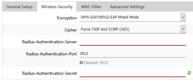 Selecting WPA2-EAP, WPA-EAP / WPA2-EAP Mixed Mode The following section outlines options when selecting WPA2-EAP or WPA-EAP / WPA2- EAP Mixed Mode (EAP or RADIUS).