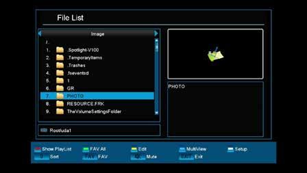 Media File List Storage Information PVR setting USB Speed Test Remove USB Device Safely File List The arrow buttons enable the selection between «Image», «Video», «Software», «All» or «Music» mode.