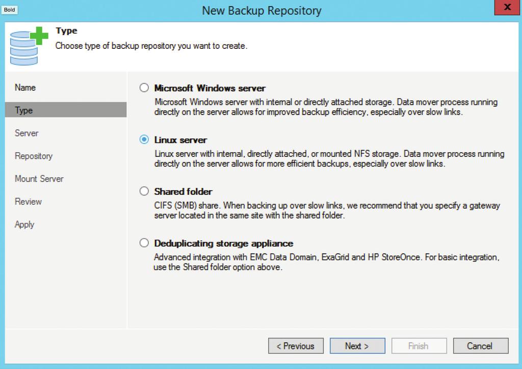 Figure 13. New Backup Repository Type setting.