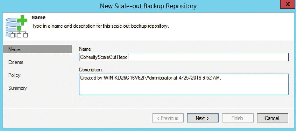 Creating a new ScaleOut Repository with Cohesity Disk Targets Navigate to the Backup Infrastructure tab of the Veeam console and select ScaleOut Repositories.