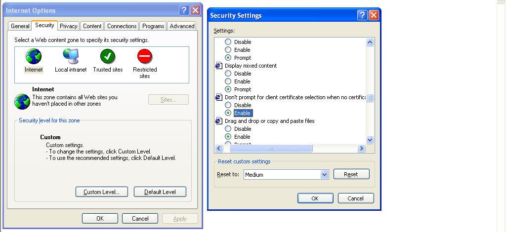 Internet Explorer Security Configuration When IE connects to WUPOS application the default settings requires the user to identify the certificate upon every login process.
