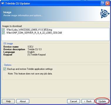 Figure 1.19 Trimble CU Updater displaying possible selections and options. 6.