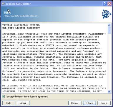 Figure 1.7 Trimble CU Updater displaying the EULA End User License Agreement. 6. Click next, the Trimble CU Updater will now establish communication with the controller or instrument.