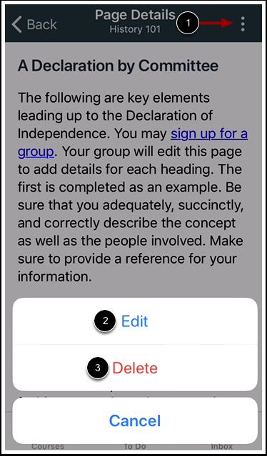 Edit Page To edit your page, tap the Menu icon [1] then tap the Edit link [2].