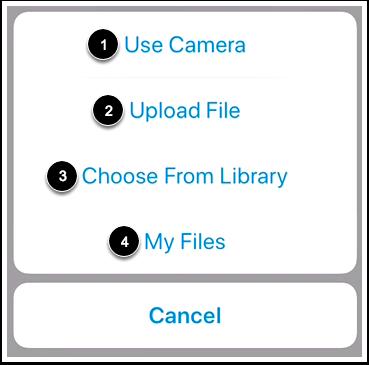 Select Attachment Option You can select from the following image attachment options: Use Camera [1]: take a picture from your camera. Upload File [2]: upload a file from your device.