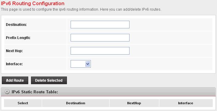 IPv6 Static Route This page is used to configure the ipv6 routing information. Here you can add/delete IPv6 routes. 1. From the head Advance menu, click on Route -> IPv6 Static Route.