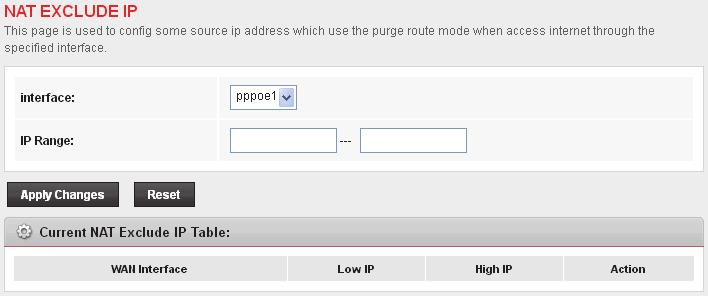19 NAT Exclude IP This page is used to config some source ip address which use the purge route mode when access internet through the