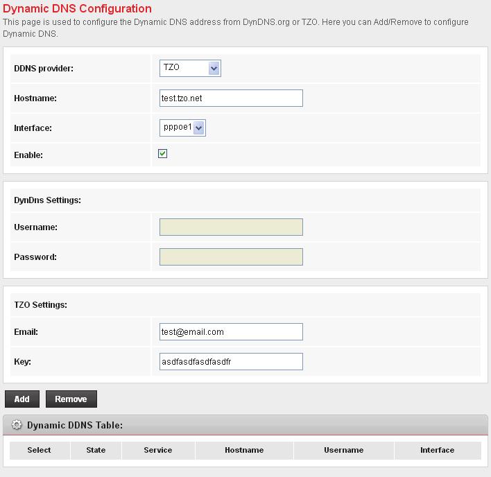 Dynamic DNS Configuration TZO 1. From the left-hand Services menu, click on DNS -> Dynamic DNS. 2. From DDNS provider drop-down list, select TZO. 3.