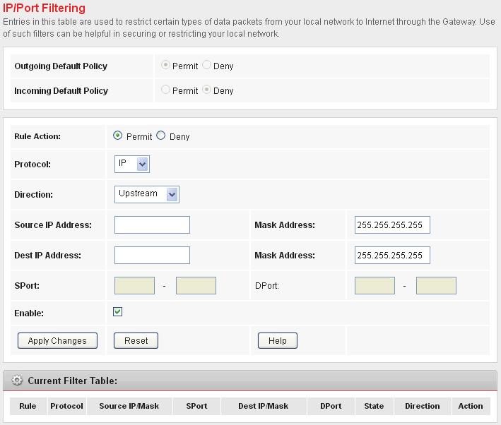 37 IP/Port Filtering Firewall contains several features that are used to deny or allow traffic from passing through the device.