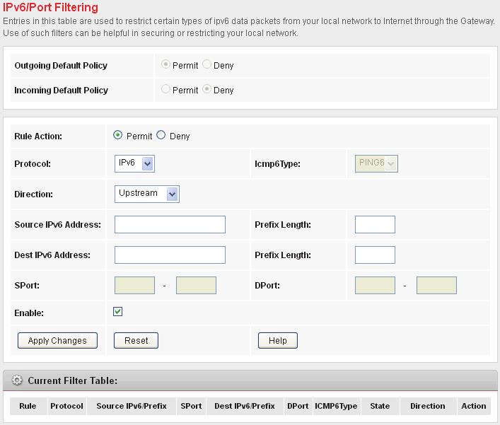 38 IPv6/Port Filtering Firewall contains several features that are used to deny or allow traffic from passing through the device.