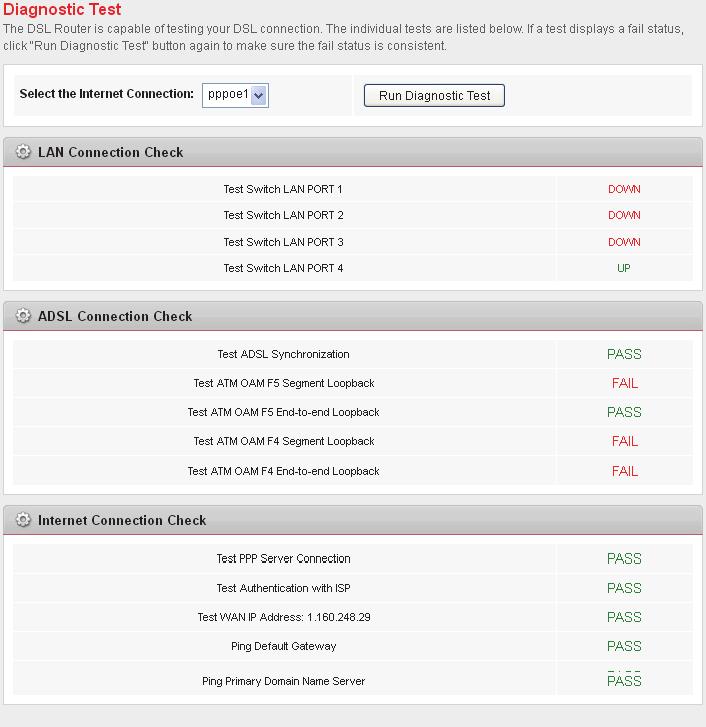 Diagnostic Test The Diagnostic Test page shows the test results for the connectivity of the physical layer and protocol layer for both LAN and WAN sides. 1.
