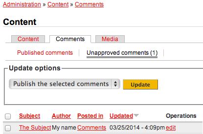 Links are provided that allow you to view the comments on a given page (by clicking its Subject or Posted in location) or to edit the comment (by