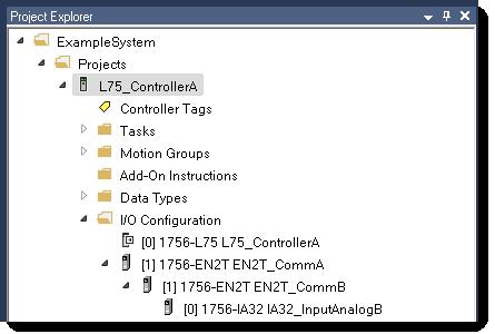 Add relationships and tags Chapter 8 Project Explorer shows the path of owned modules in the controller project's I/O Configuration folder.