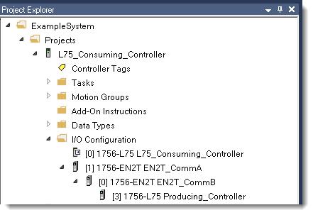 Add relationships and tags Chapter 8 Project Explorer shows the path of owned modules and producer controllers in the consumer controller project's I/O Configuration folder.