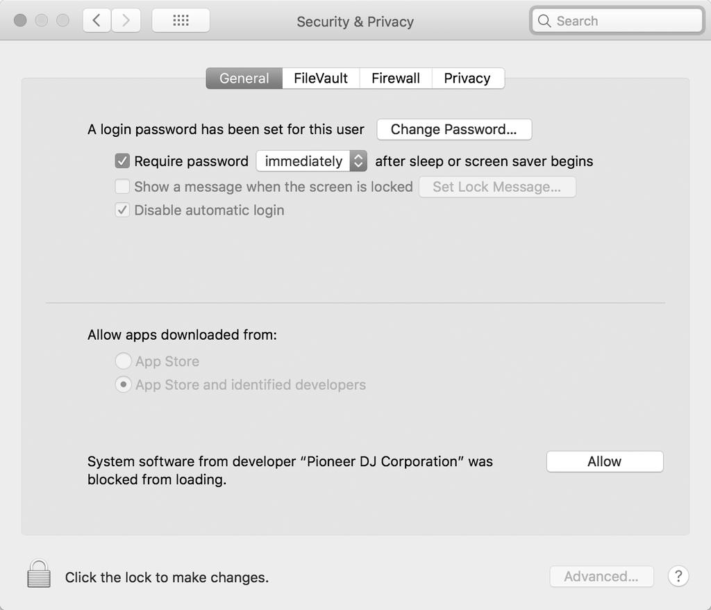 13, the new security function is added. When installing Pioneer DJ driver software into macos High Sierra 10.13, the driver software authentication is required. Follow the procedures below.