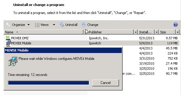 15 Remove MOVEit Mobile Remove MOVEit Mobile is to using the Windows Control Panel. Note: Alternatively, running the MOVEit_Mobile.exe installation program detects if MOVEit Mobile is present.