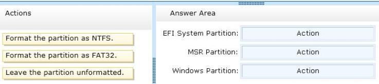 Question No : 3 DRAG DROP Microsoft 74-697 : Practice Test You are preparing a GPT disk for a Unified Extensible Firmware Interface (UEFI)-based computer from Windows Preinstallation Environment