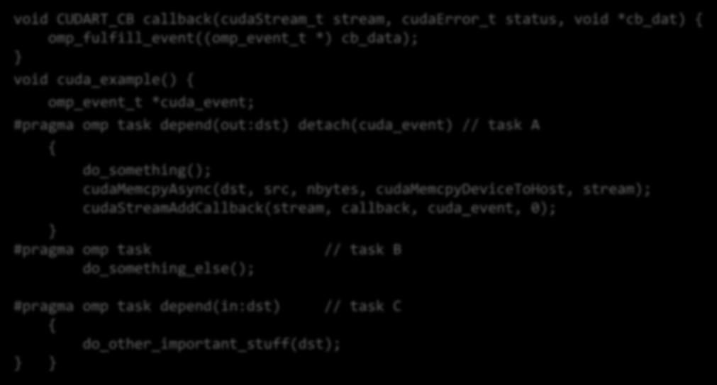 Detachable Tasks and Asynchronous APIs void CUDART_CB callback(cudastream_t stream, cudaerror_t status, void *cb_dat) omp_fulfill_event((omp_event_t *) cb_data); void cuda_example() omp_event_t