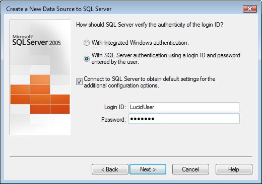 Choose the radio button for SQL Server authentication and enter the account