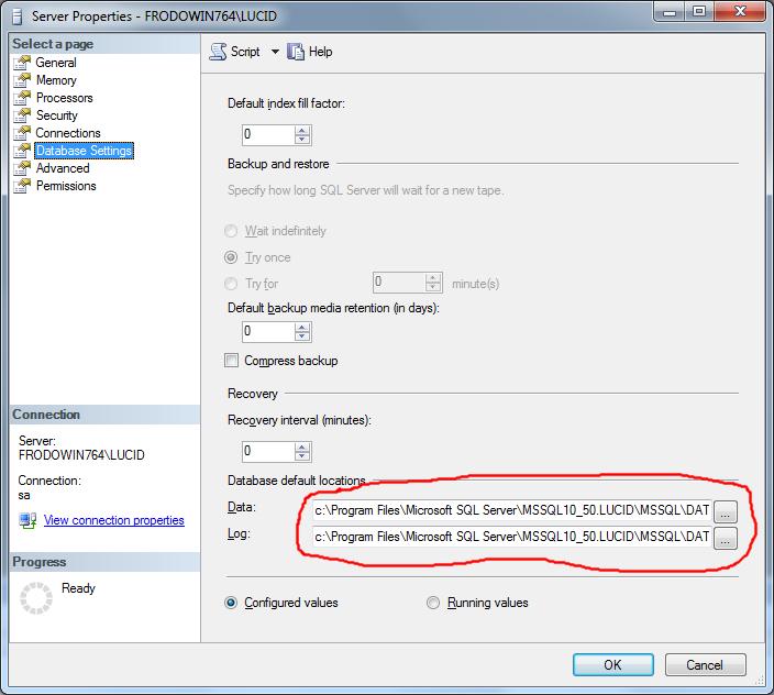 Select Database Settings and you will see Database Default Locations (ringed