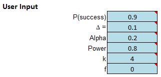 Figure 7: User input section The following information must be specified in this section: P(success): The expected probability of success across the design space Δ: The signal of interest (the change
