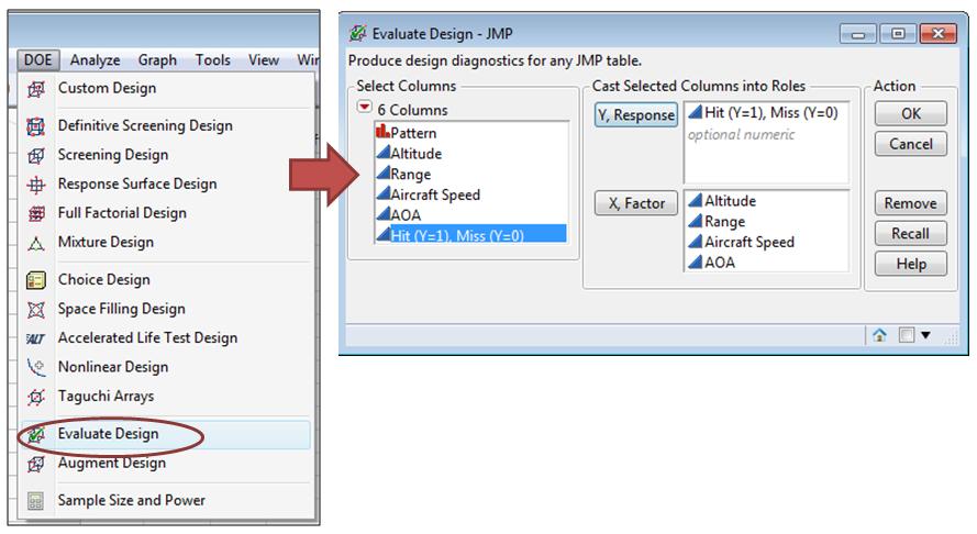 Specify the response and factor columns and then click OK. The Evaluate Design dialog box will appear.