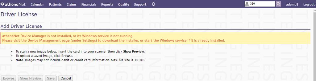 Show Preview button in athenahealth is missing If you see this message, you need to install or update your Athena Device Manager. Click on the gear icon in Athena and select Device Management.