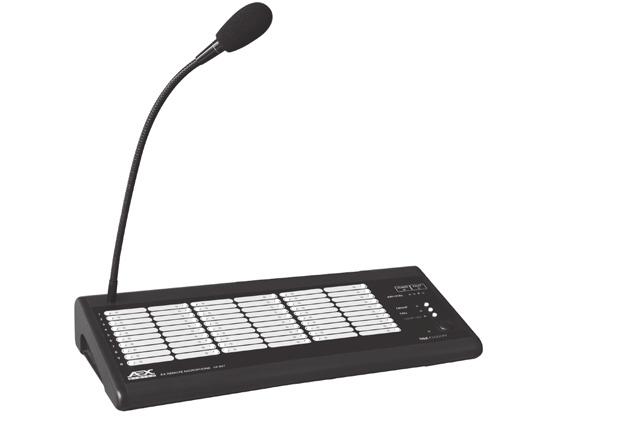 The Remote Microphone features a built-in chime, audio gain control and Auto Mic Off if left unattended for a preset period of time. The Remote Microphone are equipped with programmable function keys.