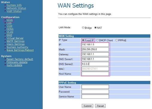 Static IP Configuration 1. Click on WAN on the left menu. 2. Change the IP Type to DHCP. 3.