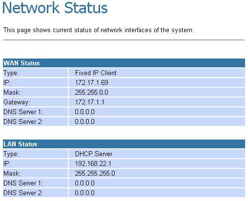 Status Page You can view the current Network