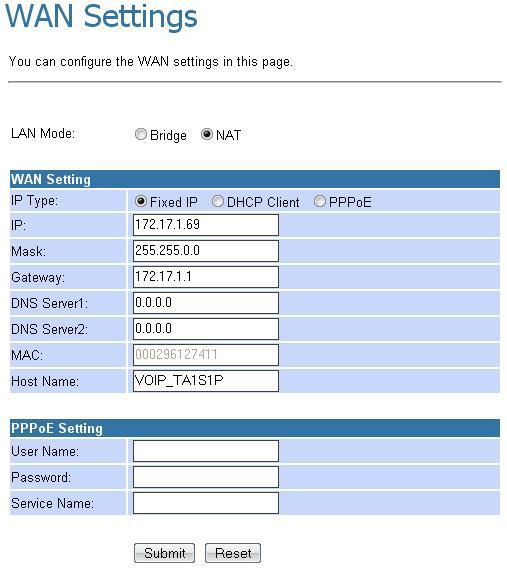 Configuration WAN You can configure the WAN settings in this page. The LAN mode allows the VoIP Gateway to be configured as a router or a bridge.