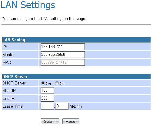 LAN You can configure the LAN settings/dhcp server in this page. Options IP Mask MAC DHCP Server Start IP End IP Lease Time Description The unique address of the VoIP Gateway on your local network.