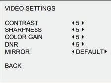 VIDEO SETTING Menu Move the cursor to VIDEO SETTING and press the confirm button to enter the submenu. In this menu you can adjust CONTRAST, SHARPNESS, COLOR GAIN, DNR and MIRROR settings.